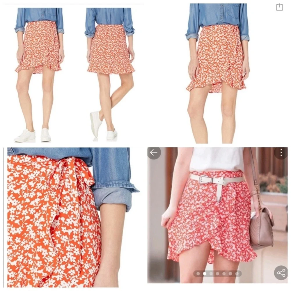 J.Crew Mercantile Floral Ruffle Tie‎ Waist Faux Wrap Mini Skirt Orange Women’s S